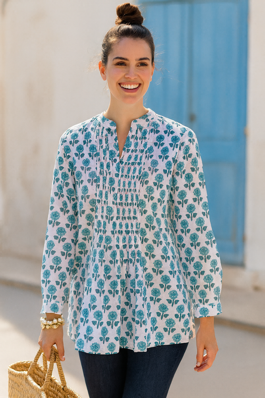 Pauline Pleated Blouse, Turquoise Blooms