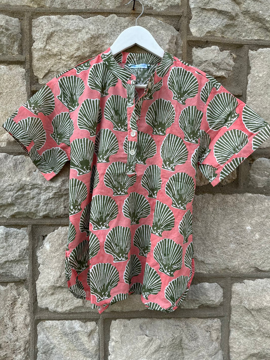 Camp Shirt, Coral with Green Shells