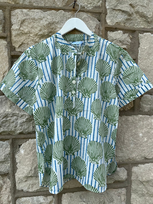 Camp Shirt, Blue Stripes & Green Shells