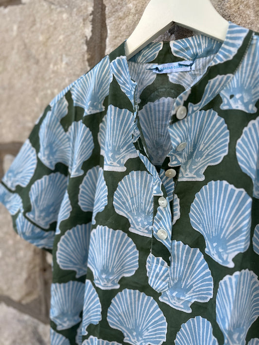 Camp Shirt, Deep Green with Blue Shells