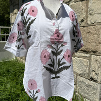 Collar Pop Top, Pink & Green Mughal Poppy