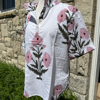 Collar Pop Top, Pink & Green Mughal Poppy