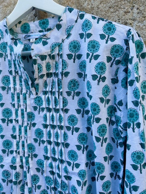 Pauline Pleated Blouse, Turquoise Blooms