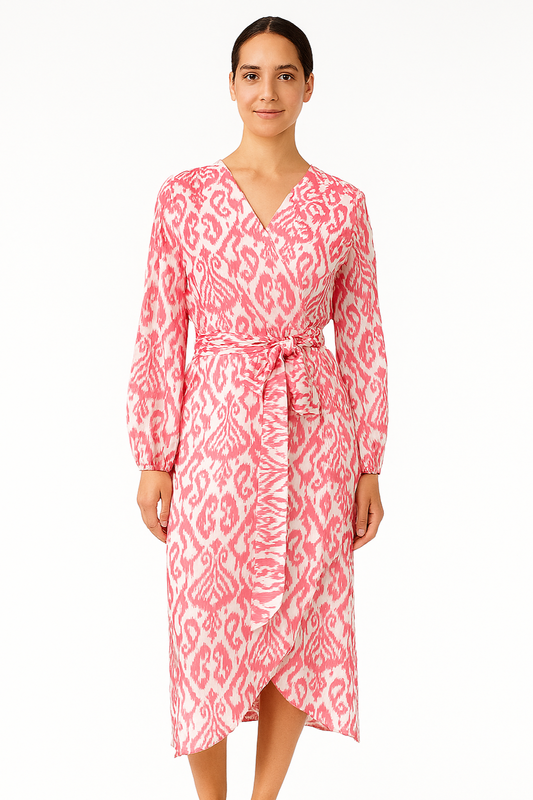 Washable Silk Wrap Dress, Perfect Pink Ikat