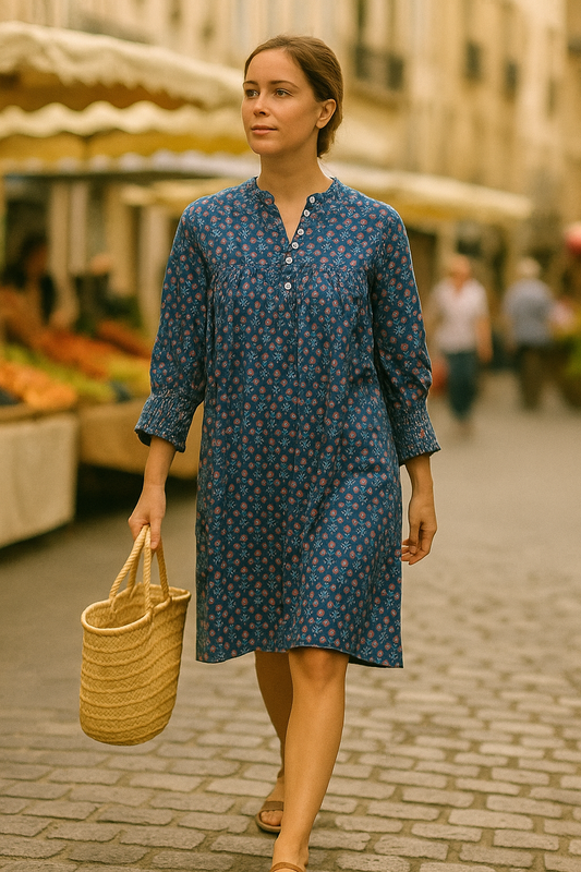 Market Dress, Navy with muted coral blooms.