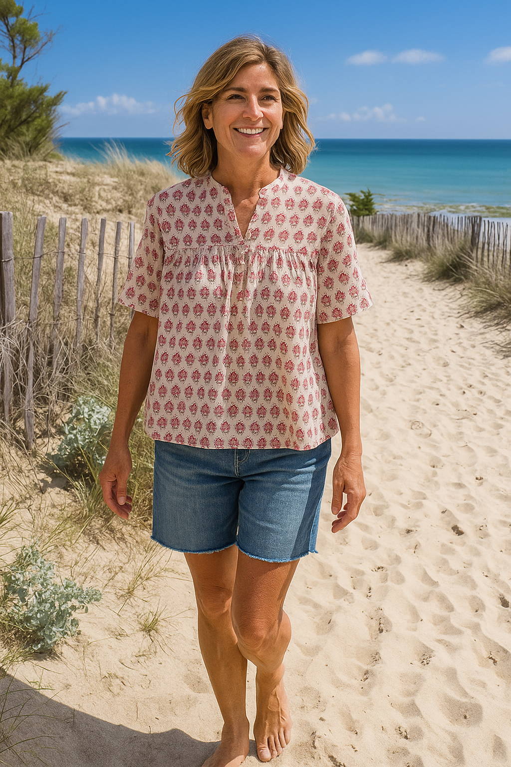 Short Sleeve Market Blouse, Sweet Pink Blooms