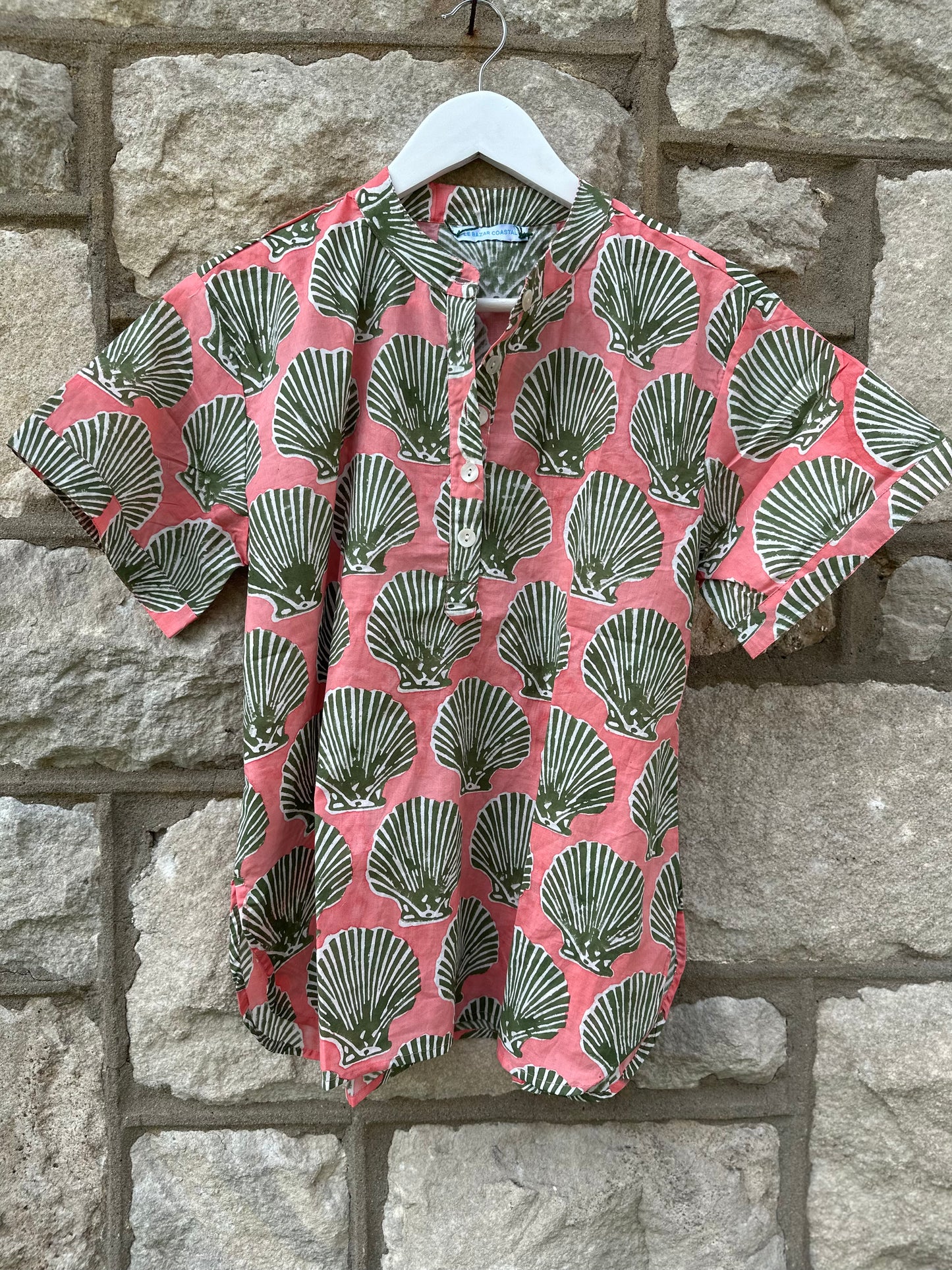 Camp Shirt, Coral with Green Shells