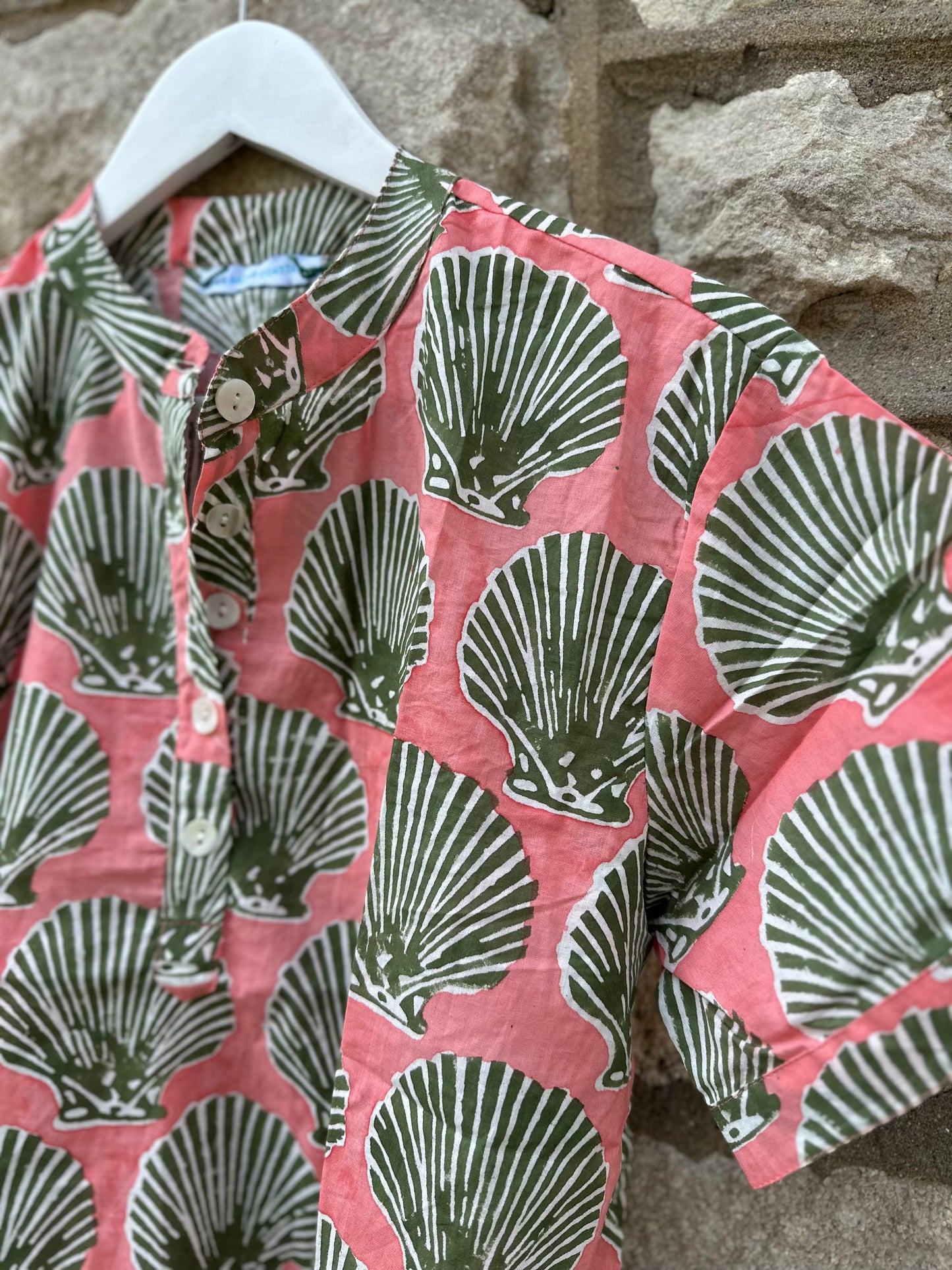 Camp Shirt, Coral with Green Shells