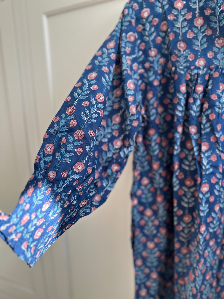 Market Dress, Navy with muted coral blooms.