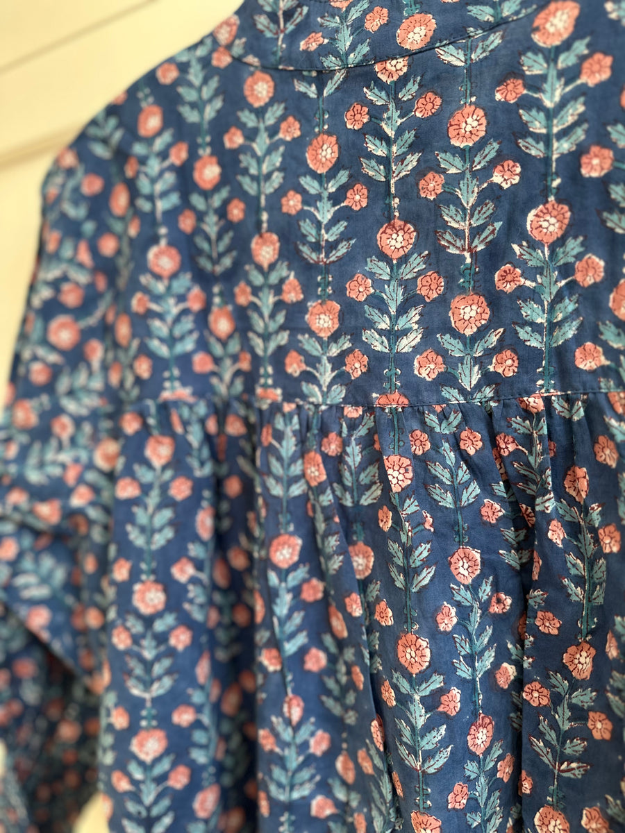 Market Dress, Navy with muted coral blooms.