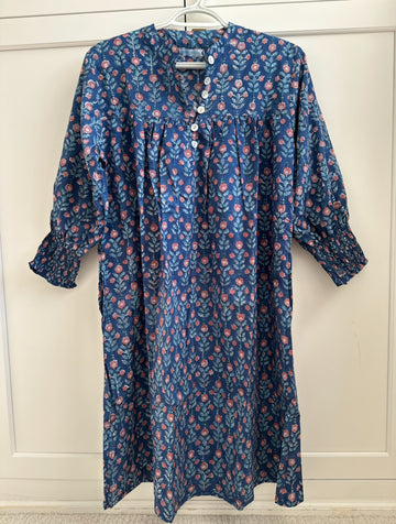 Market Dress, Navy with muted coral blooms.