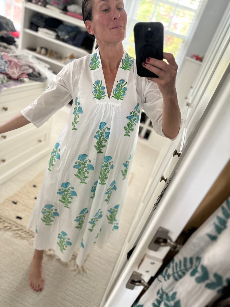 Belle île Dress, Turquoise Blooms