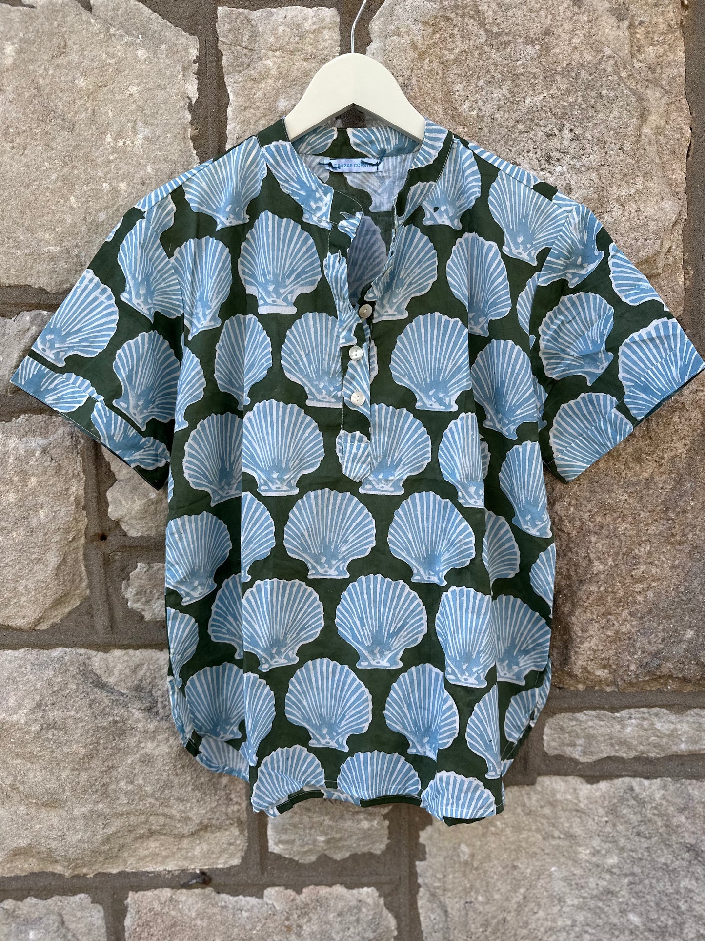Camp Shirt, Deep Green with Blue Shells