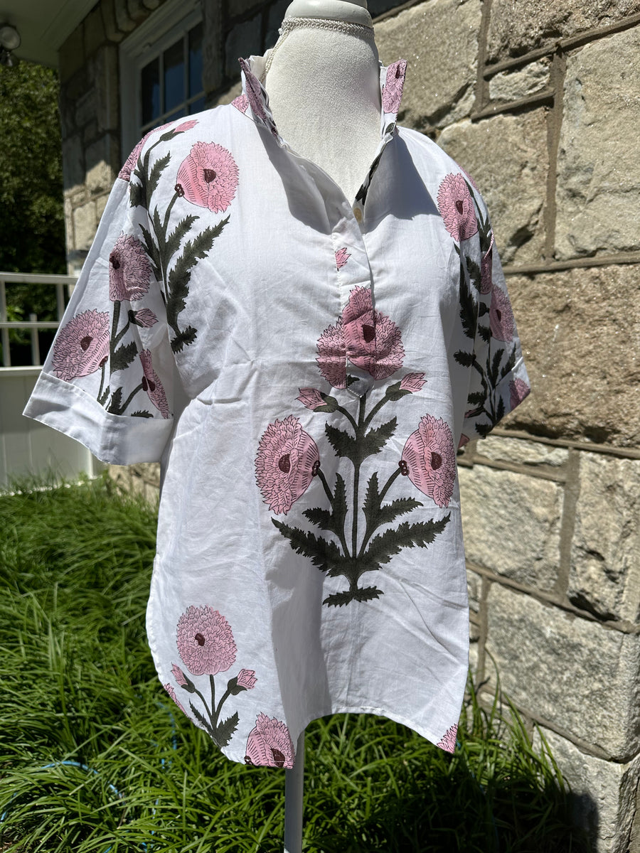 Collar Pop Top, Pink & Green Mughal Poppy