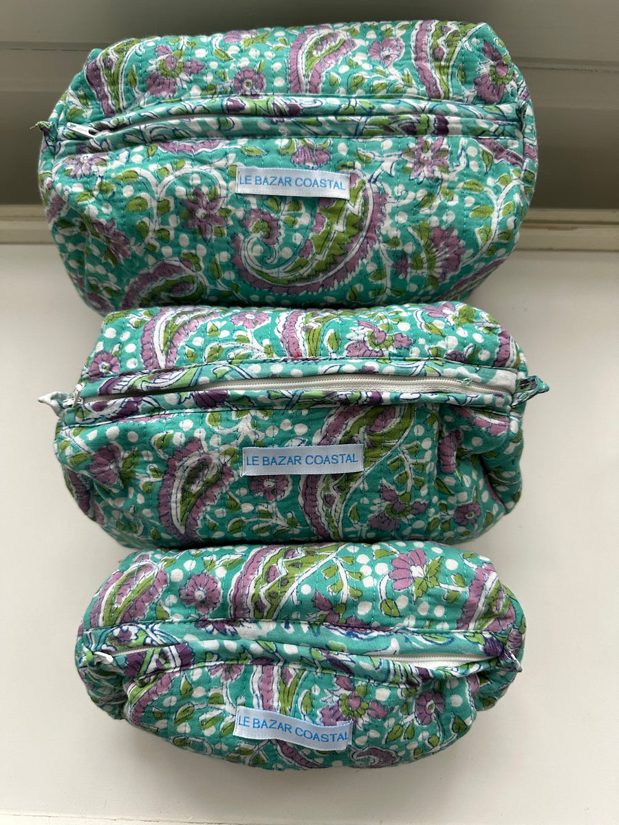 Makeup Bag Set, Teal Paisley