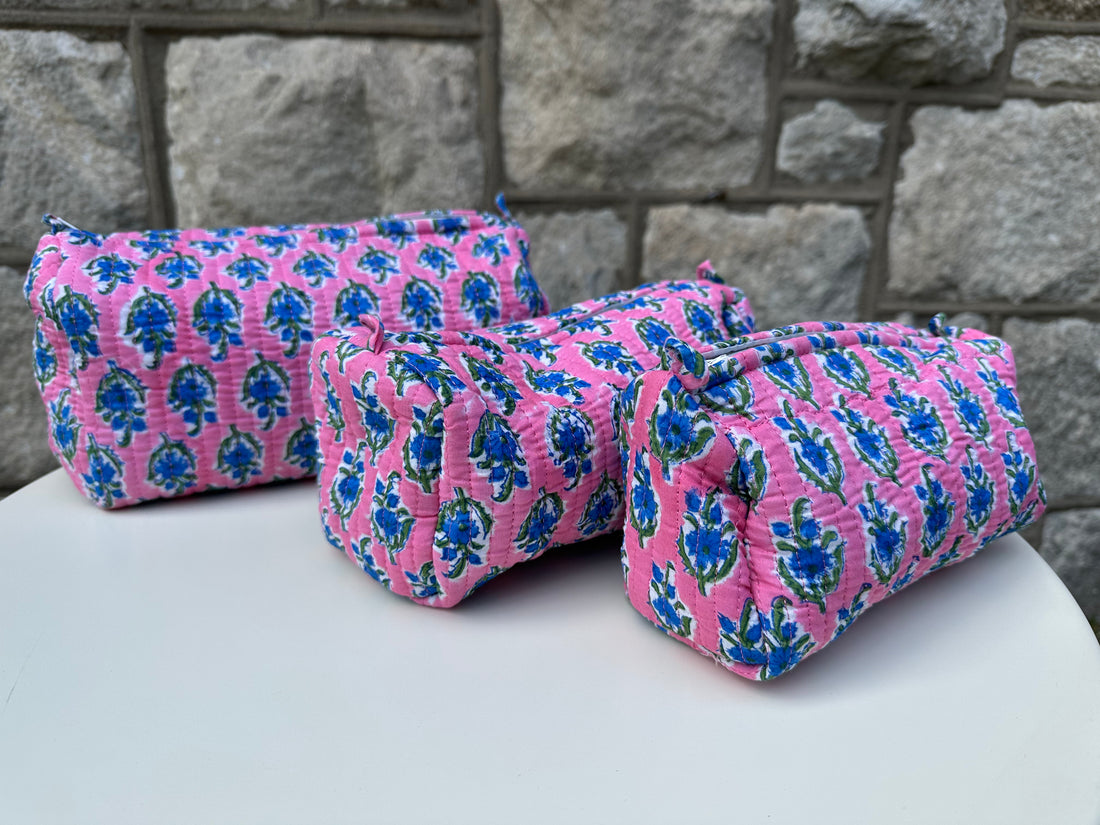 Makeup Bag Set, Pink & Blue Floral