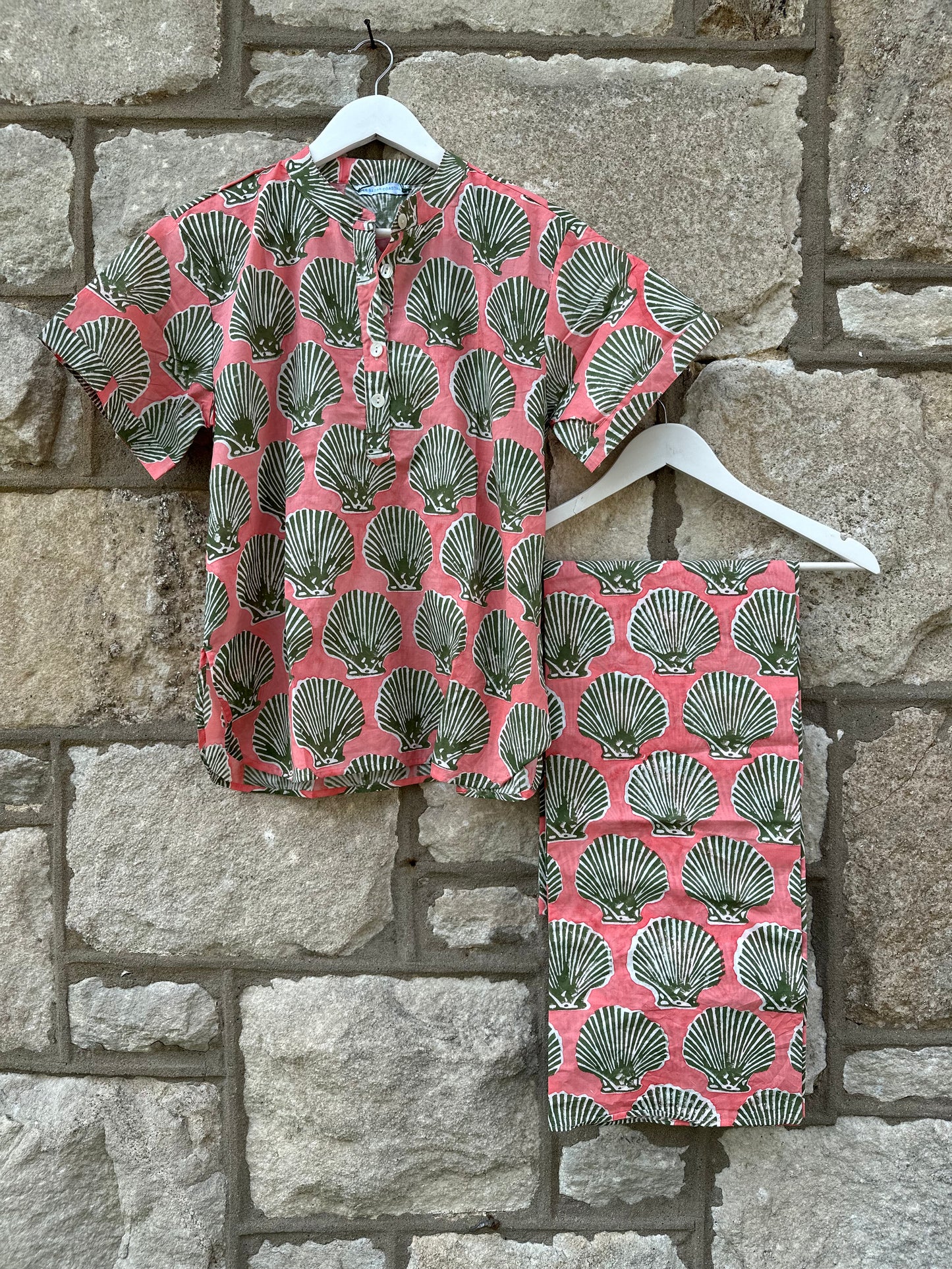 Camp Shirt, Coral with Green Shells