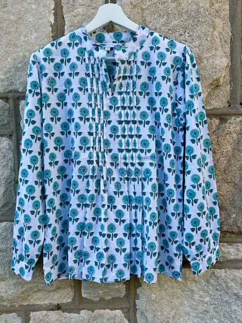 Pauline Pleated Blouse, Turquoise Blooms