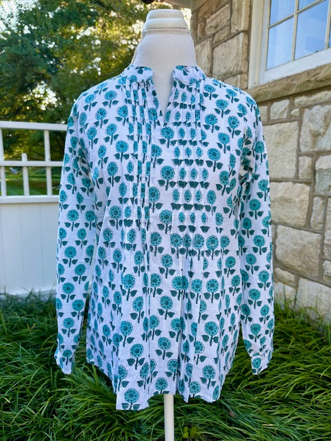 Pauline Pleated Blouse, Turquoise Blooms