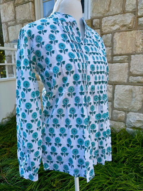 Pauline Pleated Blouse, Turquoise Blooms
